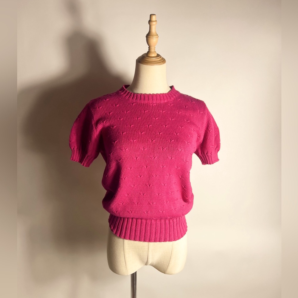 VINTAGE Talbots Eagle’s Eye 80s/ 90s Fuchsia Short Sleeve Birds Eye Knit Sweater